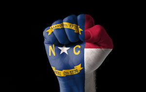 Clenched fist with North Carolina state flag painted on it